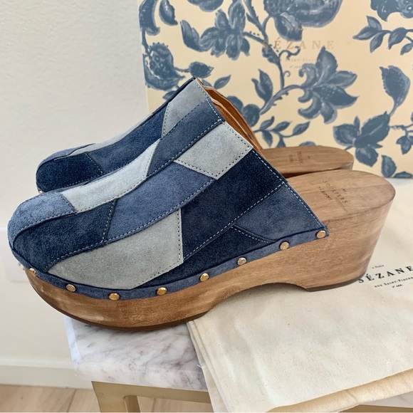 [🌟 PRICE FIRM] SEZANE x Sea NY Davia Clogs Denim Blue Suede Leather Patchwork - Picture 7 of 13